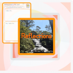 reflections written in bright colours over a waterfall