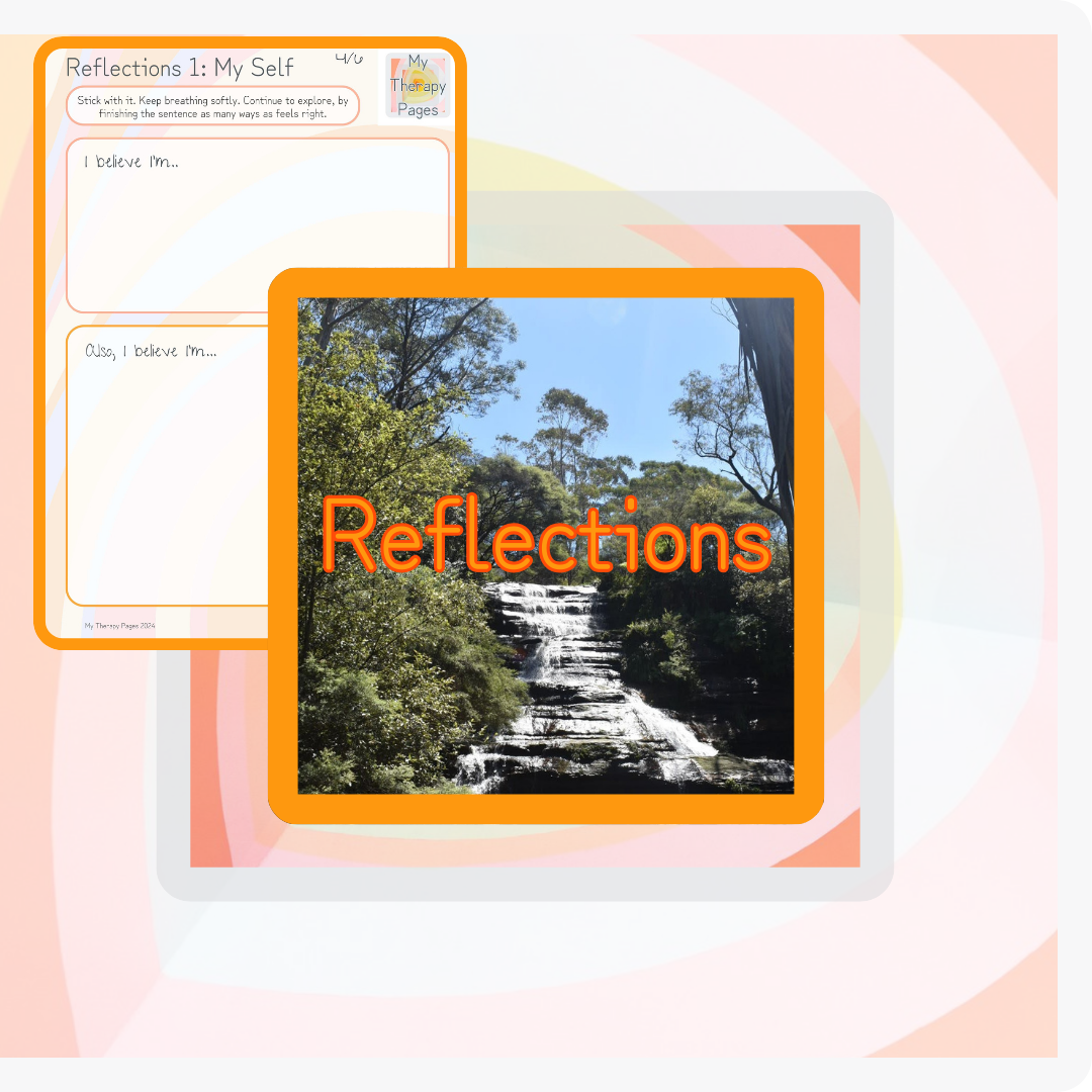 reflections written in bright colours over a waterfall